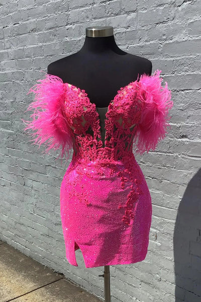 Sparkly Fuchsia Corset Sequins Tight Short Homecoming with Feathers VK23082606