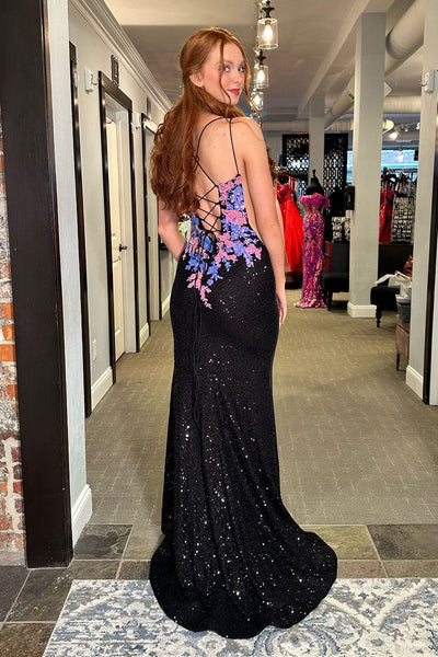 Black V Neck Sequin Lace Mermaid Long Prom Dresses VK24012806