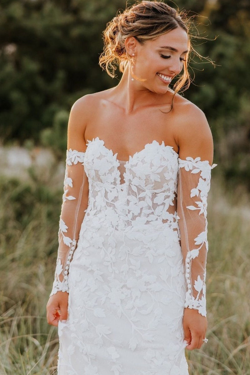 Mermaid Sweetheart Tulle Appliques Wedding Dresses with Sleeves VK24010306