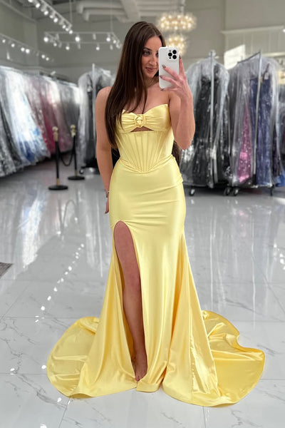 Mermaid Strapless Yellow Satin Corset Long Prom Dresses with Slit VK26012510