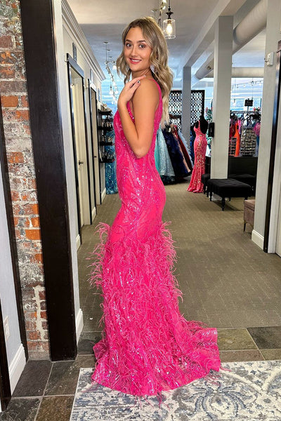 Fuchsia V Neck Sequins Lace Mermaid Long Prom Dresses with Feather VK24042902