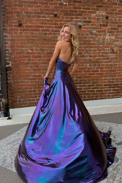 Cute A Line Sweetheart Purple Sparkly Satin Slit Prom Dresses VK112108