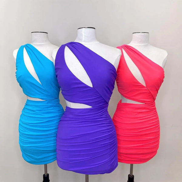 Simple One Shoulder Purple Elastic Satin Tight Mini Homecoming Dresses VK23082207