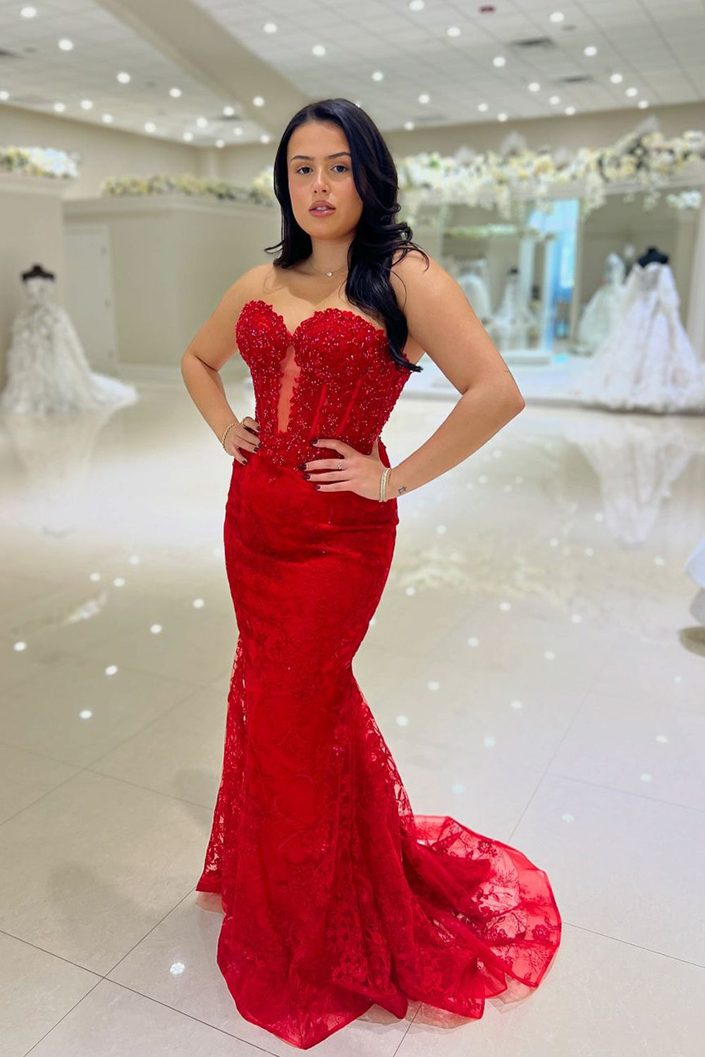 Charming Mermaid Sweetheart Red Lace Long Prom DressesVK24102814