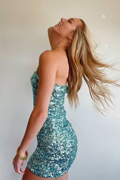 Green Sequins Strapless Tight Short Homecoming Dresses VK23092508