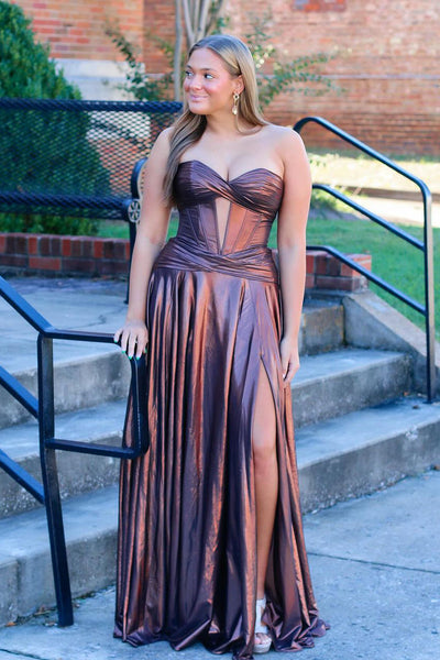 Charming A Line Sweetheart Brown Slit Long Prom Dresses VK24112214