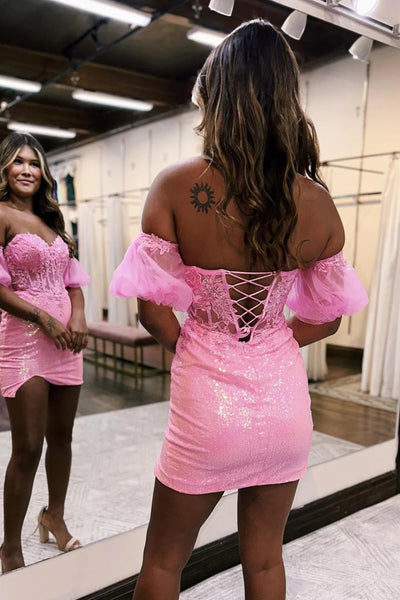 Sparkly Pink Corset Detachable Short Sleeves Sequins Tight Short Homecoming Dress with Lace VK23083109