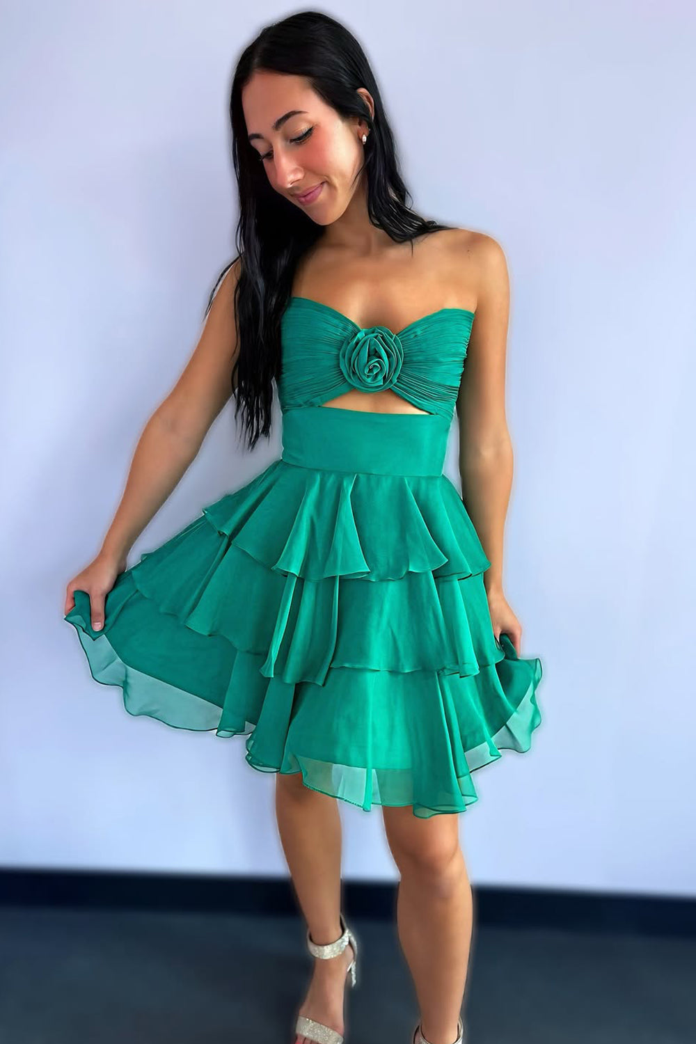 Cute A Line Strapless Green Chiffon Short Homecoming Dress VK25072403