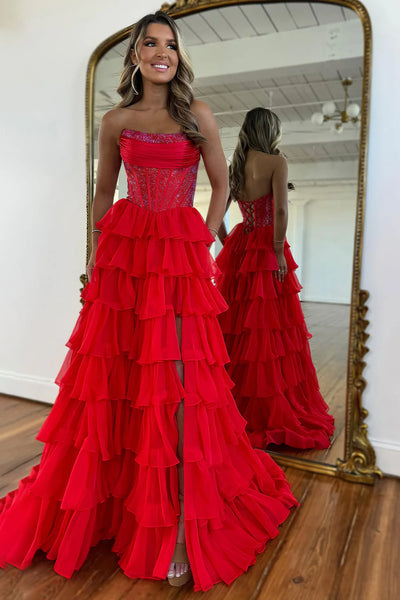 Gorgeous A Line Strapless Daffodial Tiered Chiffon Prom Evening Dresses with Hot Stone VK25052302