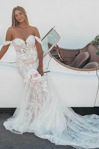 Charming Mermaid Off the Shoulder Tulle Wedding Dresses with Lace VK23062006