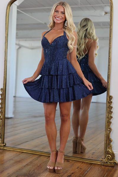 Sparkly A Line V Neck Navy Hot Fix Satin Short Homecoming Dress VK26071112