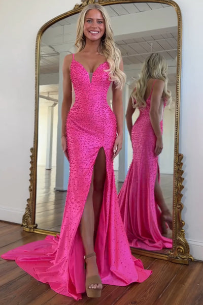 Mermaid V Neck Hot Pink Beads Long Prom Dresses with Slit VK26020103