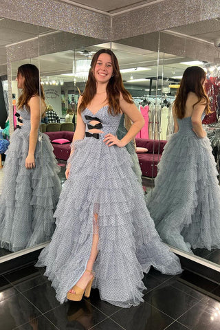 A-Line Sweetheart Polka Dot Ruffle Tiered Long Prom Dresses VK24012601