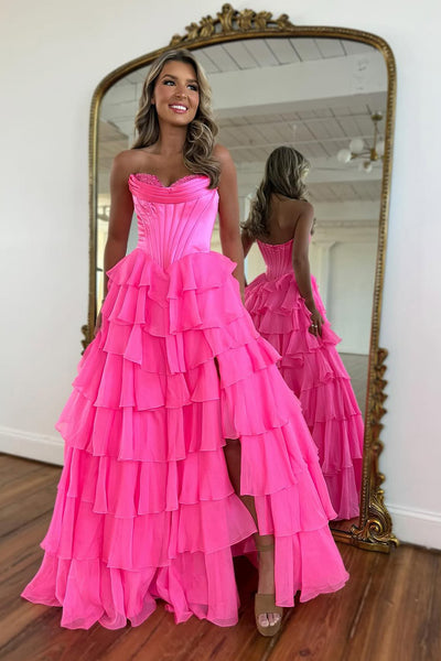 A-Line Strapless Lilac Ruffle Tiered Long Prom Dress with Slit VK25031101