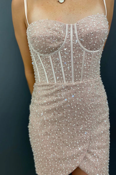 Sparkly Champagne Beaded Sequins Tight Short Homecoming Dress VK23090504