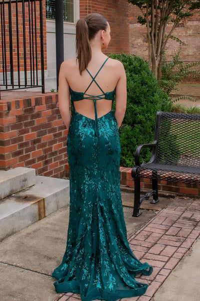 Charming Mermaid V Neck Dark Green Sequins Lace Prom Dresses with Slit