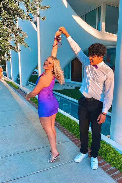 Simple One Shoulder Purple Elastic Satin Tight Mini Homecoming Dresses VK23082207
