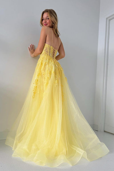 A-Line V Neck Yellow Tulle Lace Long Prom Dresses VK24011705