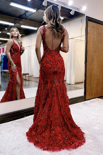 Red V Neck Sequins Lace Long Mermaid Prom Dress VK23100405