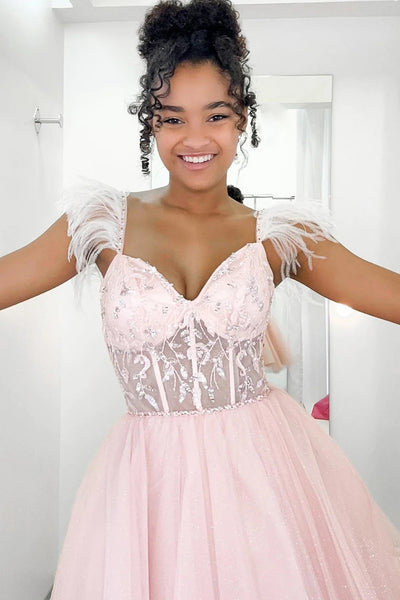 Glitter Pink A-Line Corset Tulle Short Homecoming Dress with Feathers VK23081803