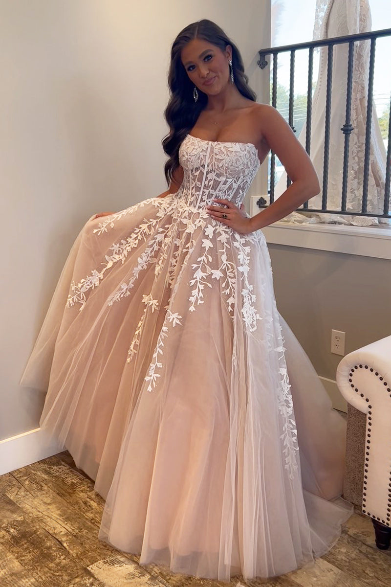 Champagne Tulle Strapless A-Line Long Prom Dress with Appliques VK23112806