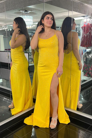 Yellow Beaded Scoop Neck Long Prom Dress with Slit VK23121103