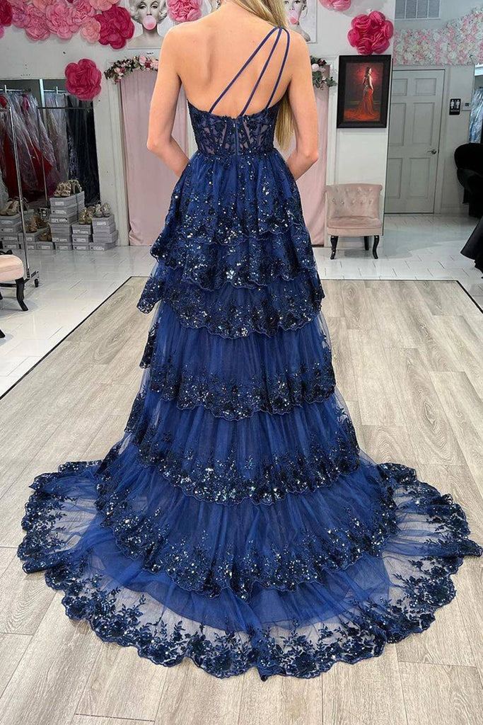 Sparkly A Line One Shoulder Navy Lace Corset Prom Dress with