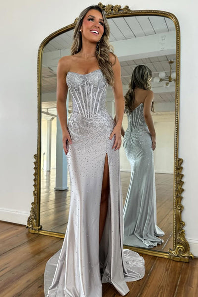 Gorgeous Mermaid Scoop Neck Hof Fix Satin Prom Dress with Slit VK16020606