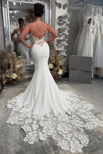 Mermaid V Neck Elastic Satin Long Wedding Dress with Appliques VK25060802