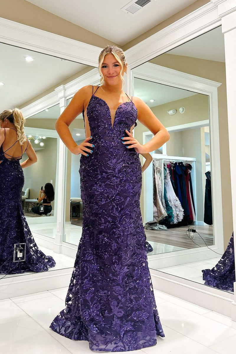 Graple V Neck Neck Sequin Lace Mermaid Long Prom Dress VK23102407