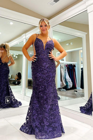 Graple V Neck Neck Sequin Lace Mermaid Long Prom Dress VK23102407