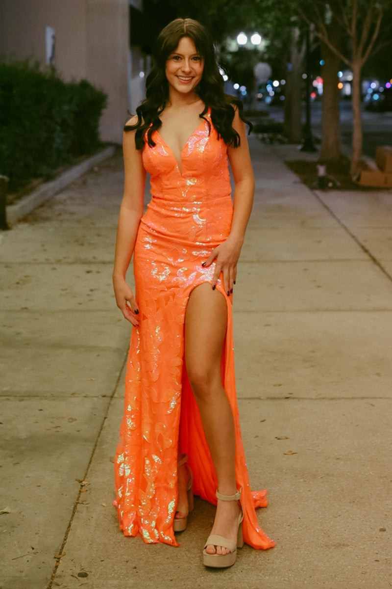 Orange V Neck Sequins Mermaid Long Prom Dresses VK24013104