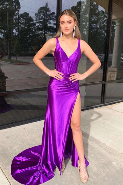 Blue Mermaid Satin V Neck Long Prom Dress with Slit VK23120908