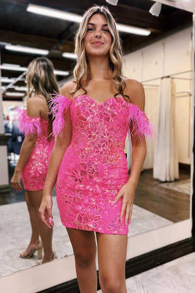 Sweetheart Hot Pink Sequins Short Homecoming Dress with Feather VK23081603
