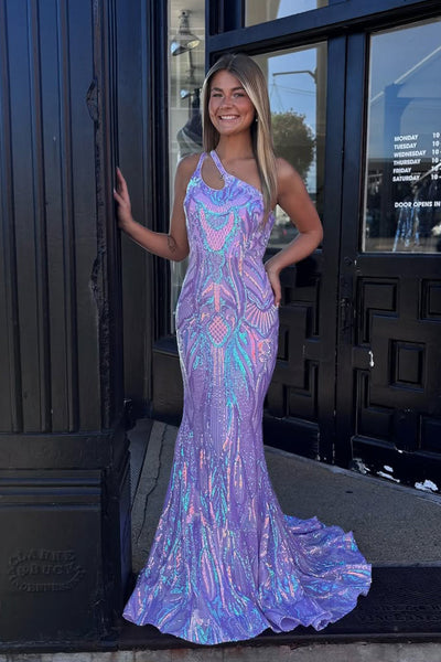 Sparkly Mermaid One Shoulder Lavender Sequins Lace Prom Dress VK110203