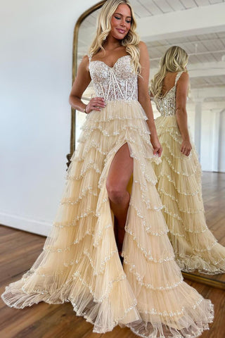Champagne A-Line Sweetheart Tulle Prom Dresses with Slit VK23120103