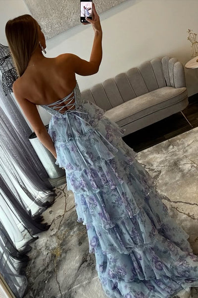 A-Line Strapless Tiered Floral Print Tiered Prom Dresses with Slit VK26012701