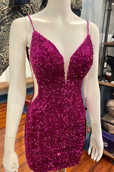 Lavender Sequins Lace-Up Deep V Neck Sheath Homecoming Dress VK23081405