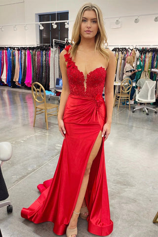 Red One-Shoulder 3D Floral Lace Pleated Long Gown with Slit VK23122706