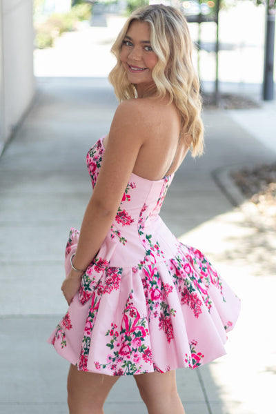 A Line Strapless Floral Satin Short Homecoming Dress VK26071609