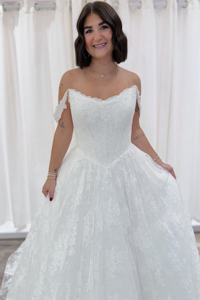 A-Line Off the Shoulder White Tulle Lace Wedding Dresses VK26103003