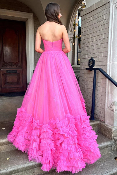 Fuchsia Strapless Ruffle A-Line Long Prom Dress VK23122001