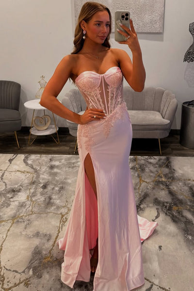 Mermaid Strapless Corset Pink Satin Appliques Long Prom Dresses with Slit VK26010808