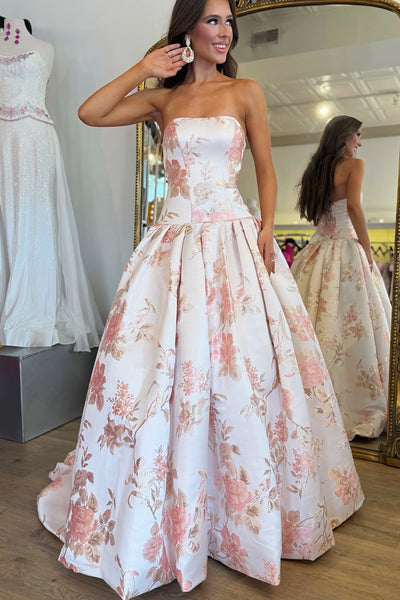 A-Line Strapless Light Pink Jacquard Satin Long Prom Dress VK26102602