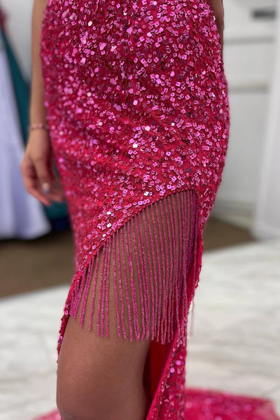 Hot Pink Sequins Mermaid Prom Dress with Fringes VK23093003