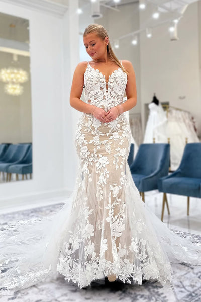 Mermaid V Neck Ivory Tulle Lace Wedding Dresses VK25031801