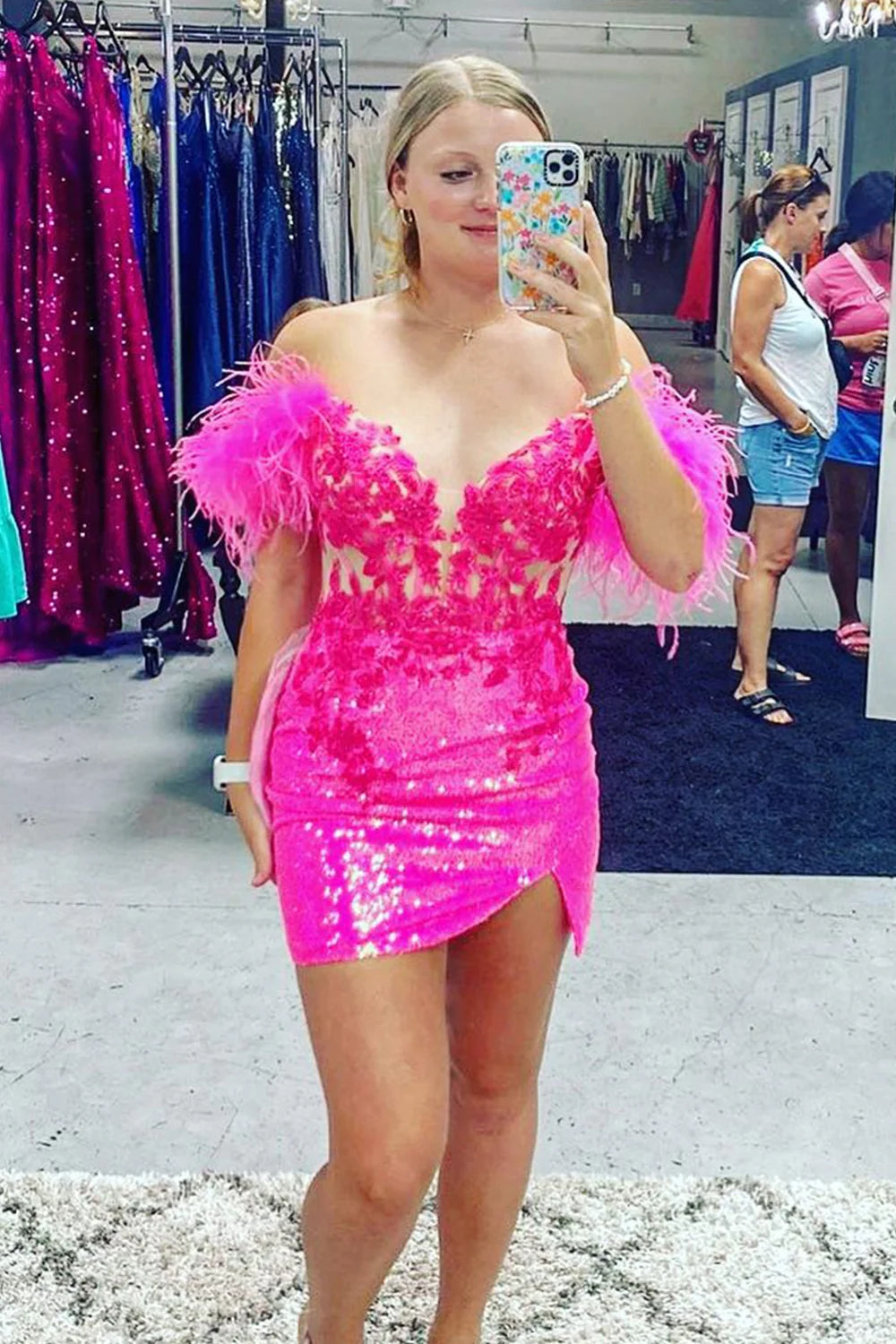Sparkly Fuchsia Corset Sequins Tight Short Homecoming with Feathers VK23082606