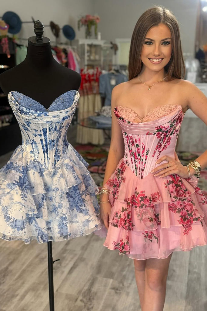Cute A Line Sweetheart Floral Chiffon Short Homecoming Dress VK2506060