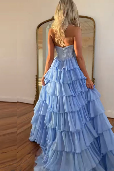 Charming A-Line Strapless Ruffle Tiered Chiffon Long Prom Dresses with Beadings VK26020104