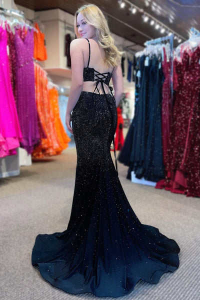 Mermaid Spaghettti Straps Black Long Prom Dress with Split Front VK23101604